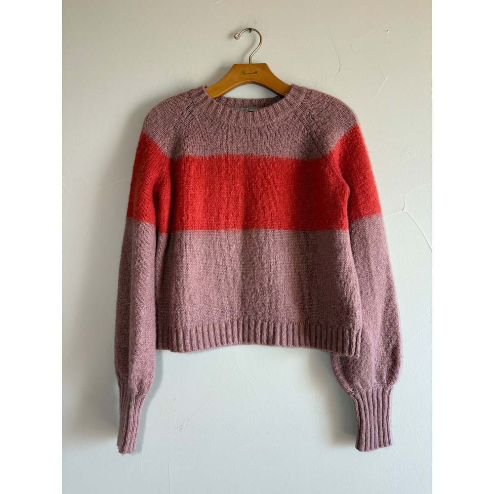 AllSaints Lou Uno Colorblock Italian Yarn Balloon Sleeve Sweater Rose Pink Red M